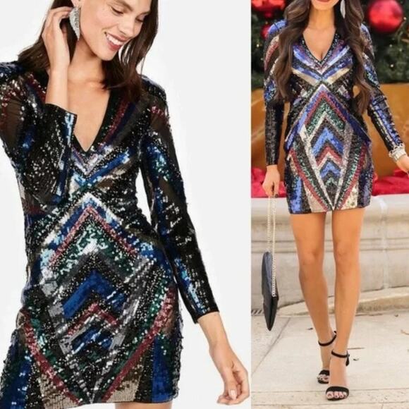 EXPRESS NWT Multi-Color Chevron Patterned Sequin Sheath V-Neck Dress Size Small - Picture 1 of 6